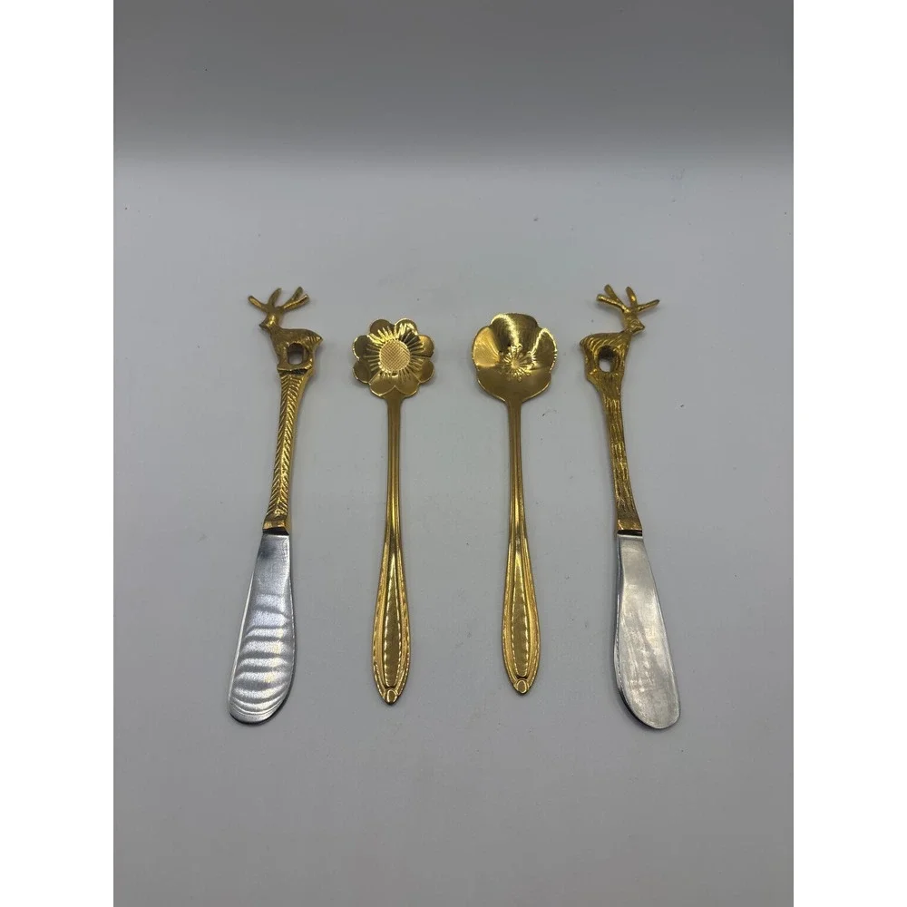 4pc Gold Deer Stag and Flower Appetizer Set Cheese Spreaders and Spoons